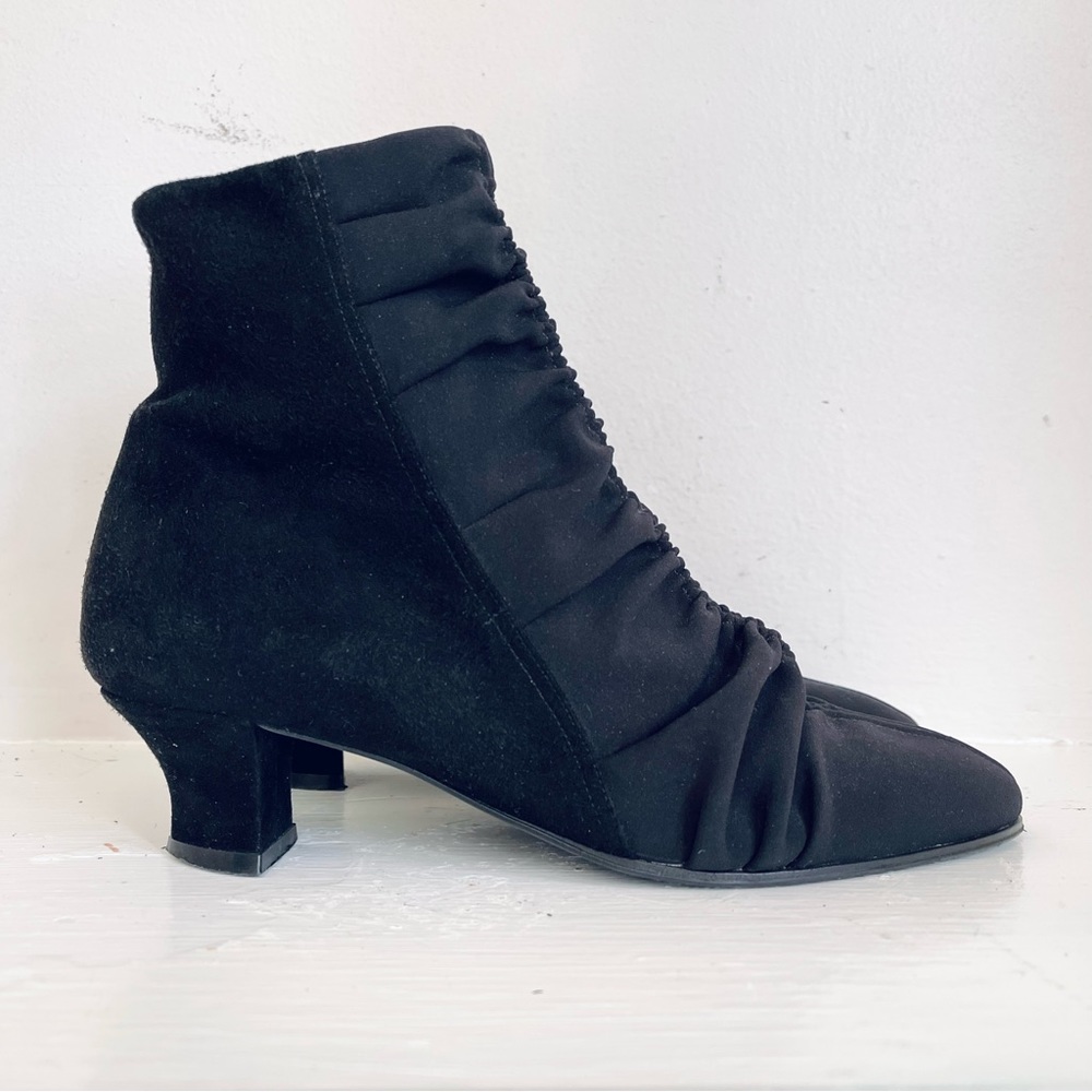 Thierry Rabotin Suede And Ruched Neoprene Black Heeled Ankle Bootie Size 37